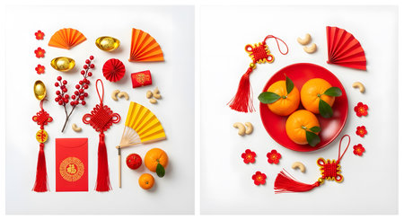 Oranges lanterns firecrackers and charms arranged in red holiday themeの素材