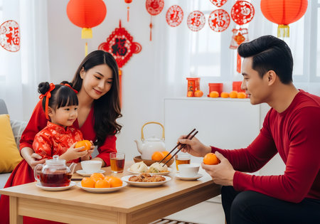 An Asian family in red celebrates Chinese New Year, sharing mandarin oranges, tea, and dim sum at a decorated tableの素材