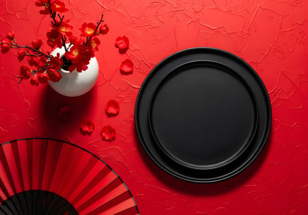 A black dinner plate sits on a red background with plum blossoms and a fan. Festive Chinese New Year table mockupの素材