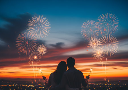 romantic couple watches fireworks and holds sparklers against a beautiful sunset over the city skyline. Festive celebrationの素材