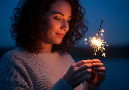 smiling woman holds a sparkler at dusk, the warm light illuminating her face. Concept for celebration and New Year's Eve joyの素材