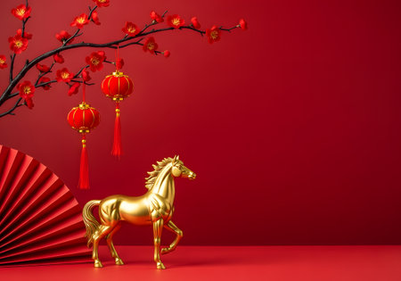 A luxurious gold horse statue stands with red lanterns and plum blossoms against a monochrome red background. Chinese New Year concept backgroundの素材