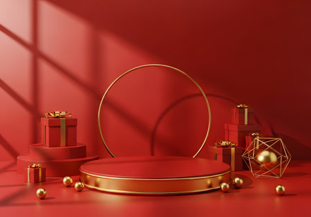 Red product display podium Decorative round podium with gold frame for product presentation backgroundの素材