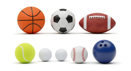 3D rendering collection of sports balls: basketball, soccer, football, tennis, golf, baseball, and bowling. Isolated on whiteの素材