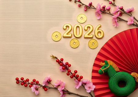 Lunar New Year 2026 decoration Gold 2026 numbers with cherry blossoms festive items backgroundの素材