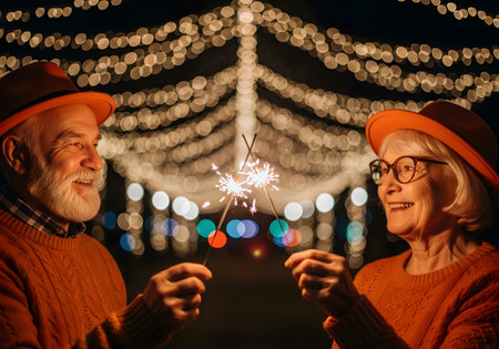 A happy senior couple in orange holds sparklers, smiling at each other against a backdrop of festive bokeh lights. Celebrating loveの素材