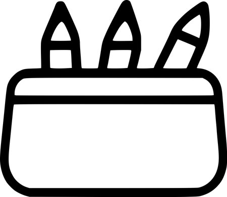 outline icon representing a pencil case filled with pencils, pens, and markers for school, writing, and drawingのイラスト素材