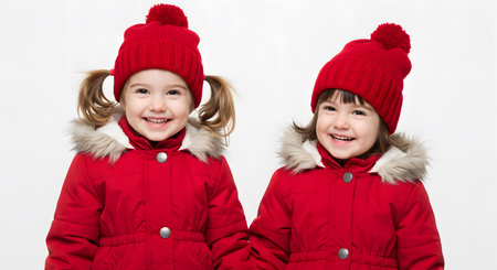 Two twin sisters dressed in matching red winter coats and hats smiling together.の素材