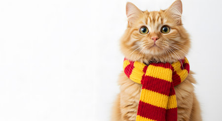Adorable cat wearing a red and yellow striped scarf sitting comfortablyの素材