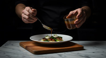 Chef plating an elegant pasta dish with precision in a dark restaurantの素材