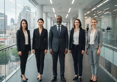 Corporate team walking confidently in hallwayの素材