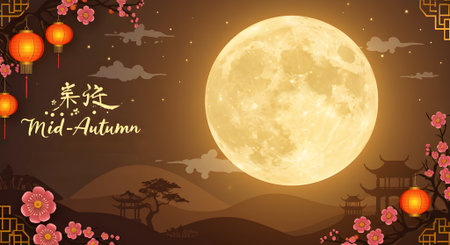 A scenic night with a glowing full moon and cherry blossoms, representing family reunion and harmony.の素材