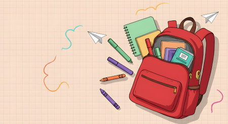 Illustrated red backpack surrounded by pens and tools on background with math doodles.の素材