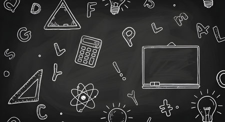 Blackboard filled with doodles of school subjects like math and science.の素材