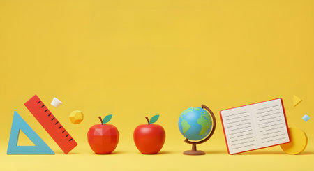 Realistic image of a ruler, apples, and globe arranged on a yellow desk.の素材
