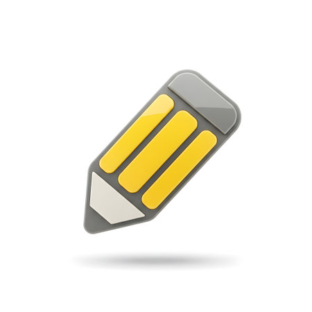 A detailed 3D pencil icon, angled diagonally to convey action and creativity. Featuring a sharpened graphite tip, hexagonal body, and a metallic ferrule with a classic eraser, the design includes realistic shadows and reflective surfaces for added depth. This symbol universally represents editing, writing, or modifying contentâideal for use in document editors, form fields, content management systems, or UI elements where user input is enabled.の素材