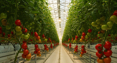 Rows of ripe tomatoes growing in a modern greenhouse. Concept for hydroponics, sustainable farming, and agricultural technology.の素材
