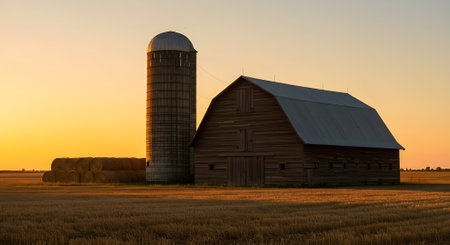 Classic red barn and silo under a cloudy sky in an open field. Represents traditional American farming and countryside scenes.の素材