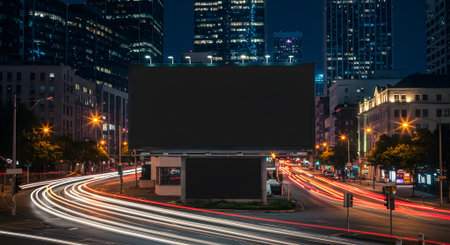 Blank outdoor billboard surrounded by streaks of car lights and urban buildings, ideal for high-impact ad mockups.の素材
