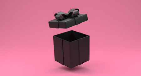 Black gift box with bow on bright pink background for shopping eventsの素材