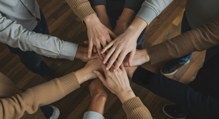 Top view of a group of people holding hands together in a circle.の素材
