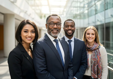 Portrait of a group of diverse business people standing in an office buildingの素材