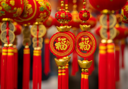 Detailed image of traditional hanging tassels featuring gold elements and good luck messagesの素材