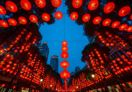 Beautiful overhead lantern display in a blue sky creating a festive urban celebrationの素材