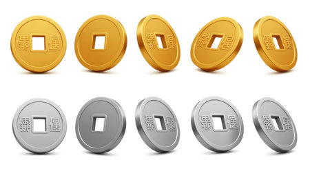 Traditional round coins in gold and silver tones designed for prosperity wealth and cultural decoration themesの素材