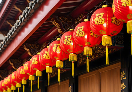 Red lanterns hanging in a row creating a bright Chinese New Year festival atmosphere asiaの素材