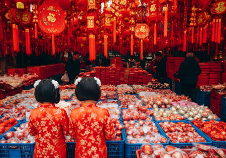 People shopping at vibrant Chinese New Year market decorated with lanterns and red colors Lunar Street Marketの素材