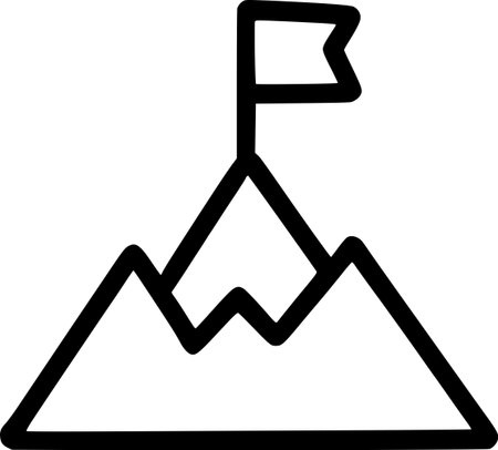 An outline icon representing a flag planted on a mountain peak, symbolizing success, goal achievement, and high ambition.のイラスト素材