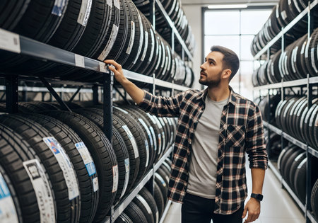 A man in a plaid shirt carefully inspects and selects new car tires from tall shelves in the inventory area of a tire and auto service center.の素材