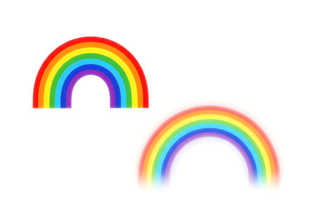 A duo of rainbow arcs: one sharply defined and one with a soft, blurred glow, featuring the traditional spectrum of colors.の素材
