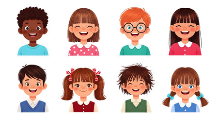 A set of eight diverse, smiling cartoon children's faces with different hair and skin tones, representing happy students or young learners.の素材