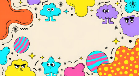 A vibrant, funky background with retro 90s cartoon characters (clouds, stars) and abstract shapes in bright pink, purple, and orange, offering copy space.の素材
