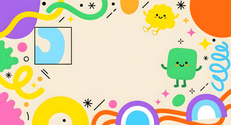 A vibrant, cheerful background with cute, smiling block and cloud characters, abstract squiggles, and geometric shapes in yellow, green, and purple.の素材
