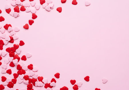 Minimalist background featuring scattered red and light pink heart sprinkles on a solid pink surface with ample copy space.の素材