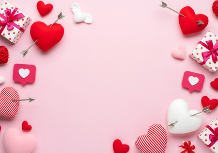 Flat lay border of various hearts, cupid arrows, gifts, and 'like' icons on a soft pink background with central copy space.の素材