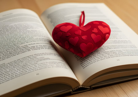 A soft red plush heart with smaller heart appliquÃ©s resting on the pages of an open novel, symbolizing love and reading.の素材
