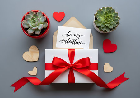 Top-down flat lay of a white gift box with a red ribbon, a Be My Valentine card, and two modern succulent plants.の素材