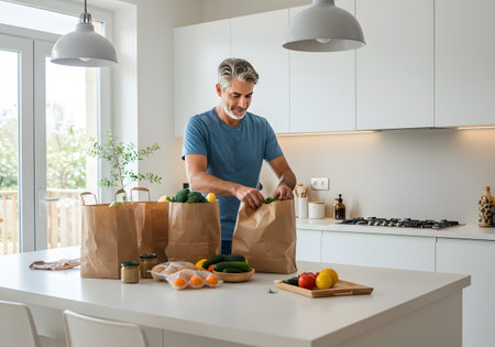 Happy man in casual gray shirt unpacking grocery bags in modern bright kitchen interior great for food delivery healthy lifestyle and cooking at home themesの素材
