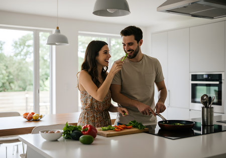 Young couple laughing and preparing food together in cozy kitchen interior great for family lifestyle cooking and relationship advertisingの素材