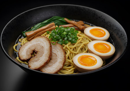 Delicious bowl of Japanese ramen with pork slices boiled egg and green onion isolated on white background perfect for Asian cuisine advertising restaurant menu and deliveryの素材