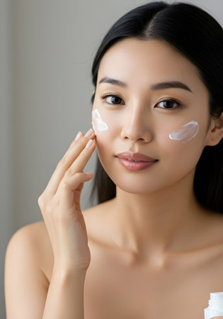 beautiful asian woman applying cosmetic cream on face, isolated on greyの素材