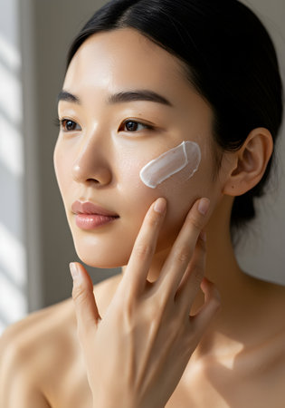 beautiful young asian woman applying cosmetic cream on face at homeの素材