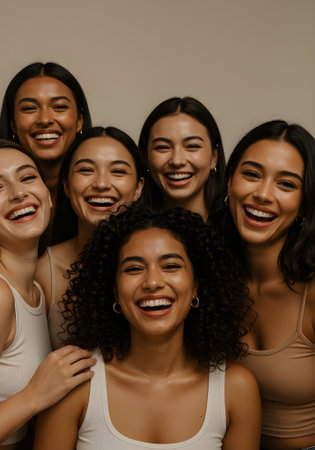 Group of diverse women laughing and looking at camera isolated on grey backgroundの素材