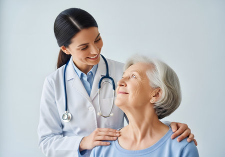 A caring female doctor with a stethoscope smiles warmly and places a comforting hand on the shoulder of an elderly woman patient. The image conveys empathy, trust, and excellent senior healthcare. Caring Doctor Smiling and Comforting Senior Woman Patientの素材