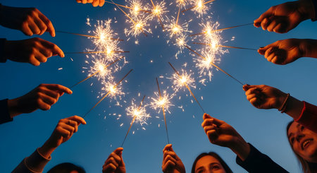 Joyful group of friends holding sparklers during a night celebration symbolizing happiness and togetherness Group celebrating with sparklers at night festive party momentの素材