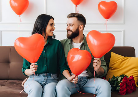 Happy Couple with Red Heart Balloons on Couchの素材